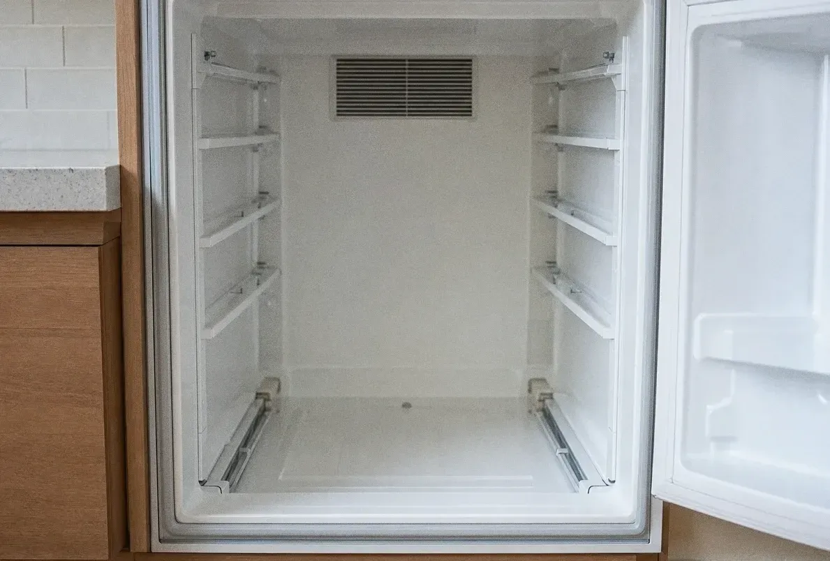 An empty white refrigerator cabinet standing open with its shelves removed, a vent grille high on the rear wall and a wood cabinet edge at the left