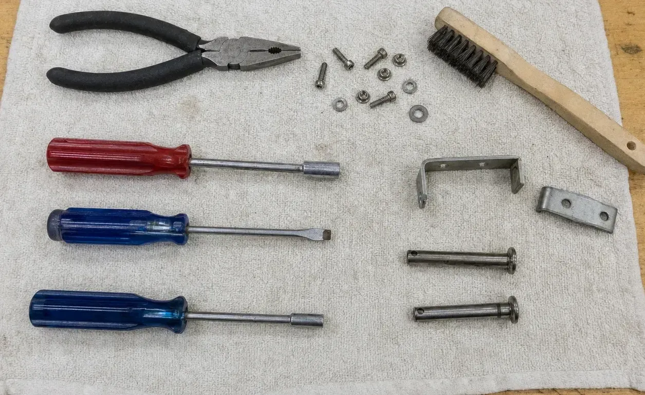Overhead view of pliers, a wire brush, three screwdrivers, a flat steel bracket, two pins and scattered screws on a cream drop cloth