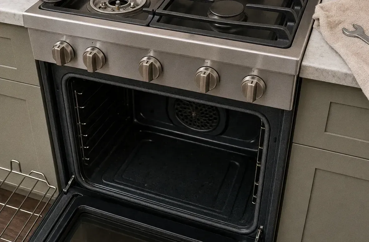 A stainless gas range with its oven door open, showing the round convection fan cover at the back of the empty cavity